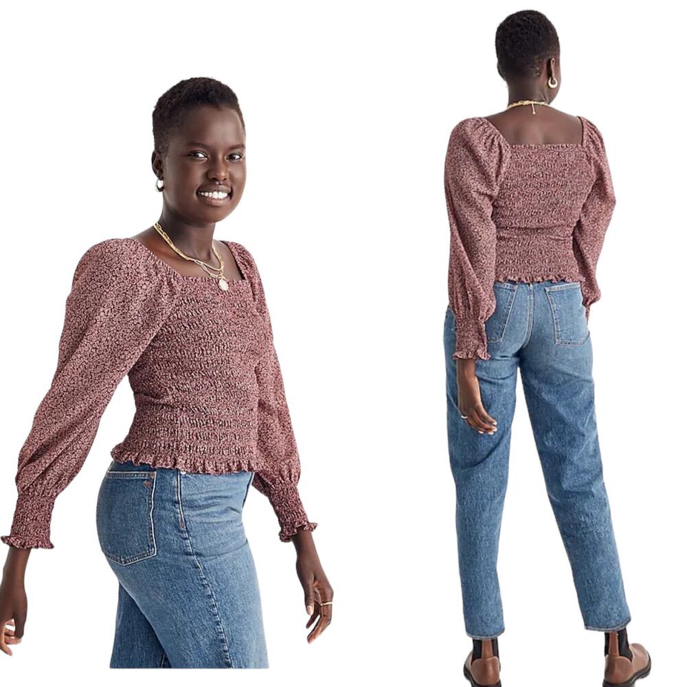 Madewell Lucie Bubble Long Sleeve Smocked Burgundy Top Cottage Garden Size XL
